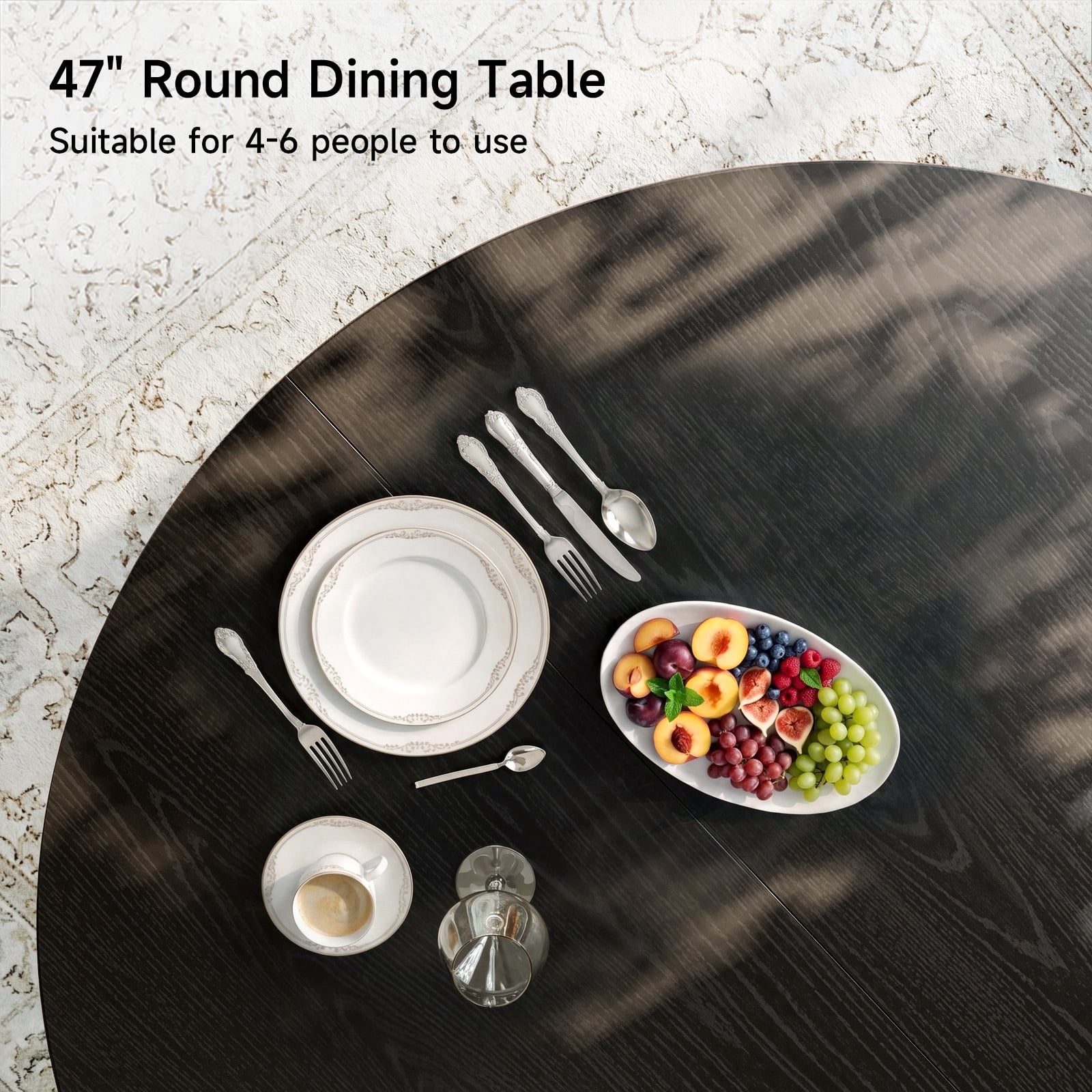 ROGALIS 47 inch Round Dining Table for 4-6, Circle Kitchen Table with Wood Strip Base, Modern Farmhouse Dinner Tables for Kitchen, Living Room, Black