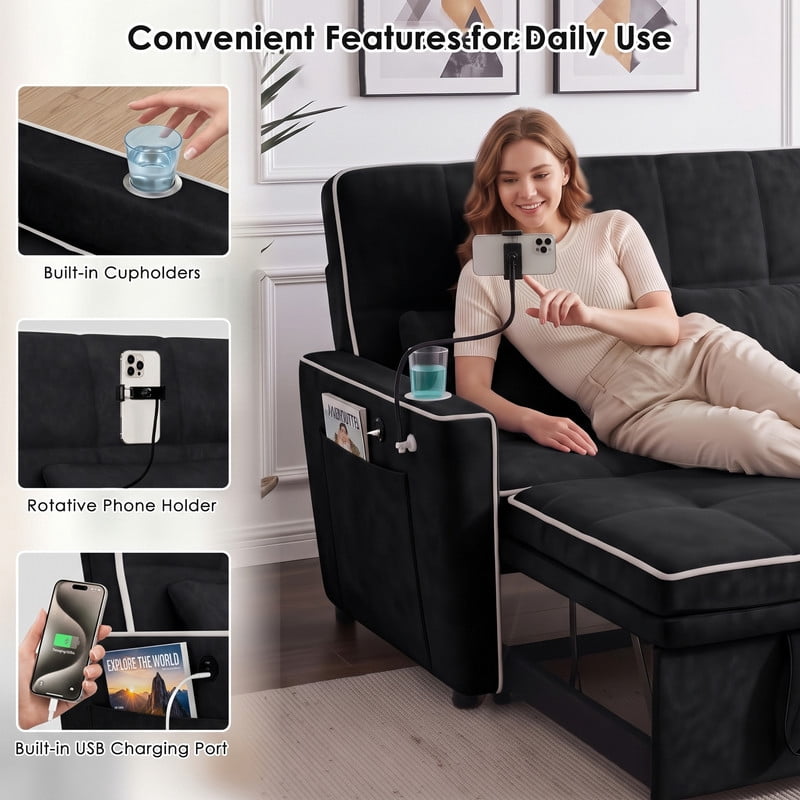 Anpport 54" 3‑in‑1 Convertible Sleeper Sofa Bed, Loveseat with White Trim, USB Charging Port, Phone Stand, 2 Cup Holders and 2 Pillows for Living Room, Bedroom and Apartment, Black