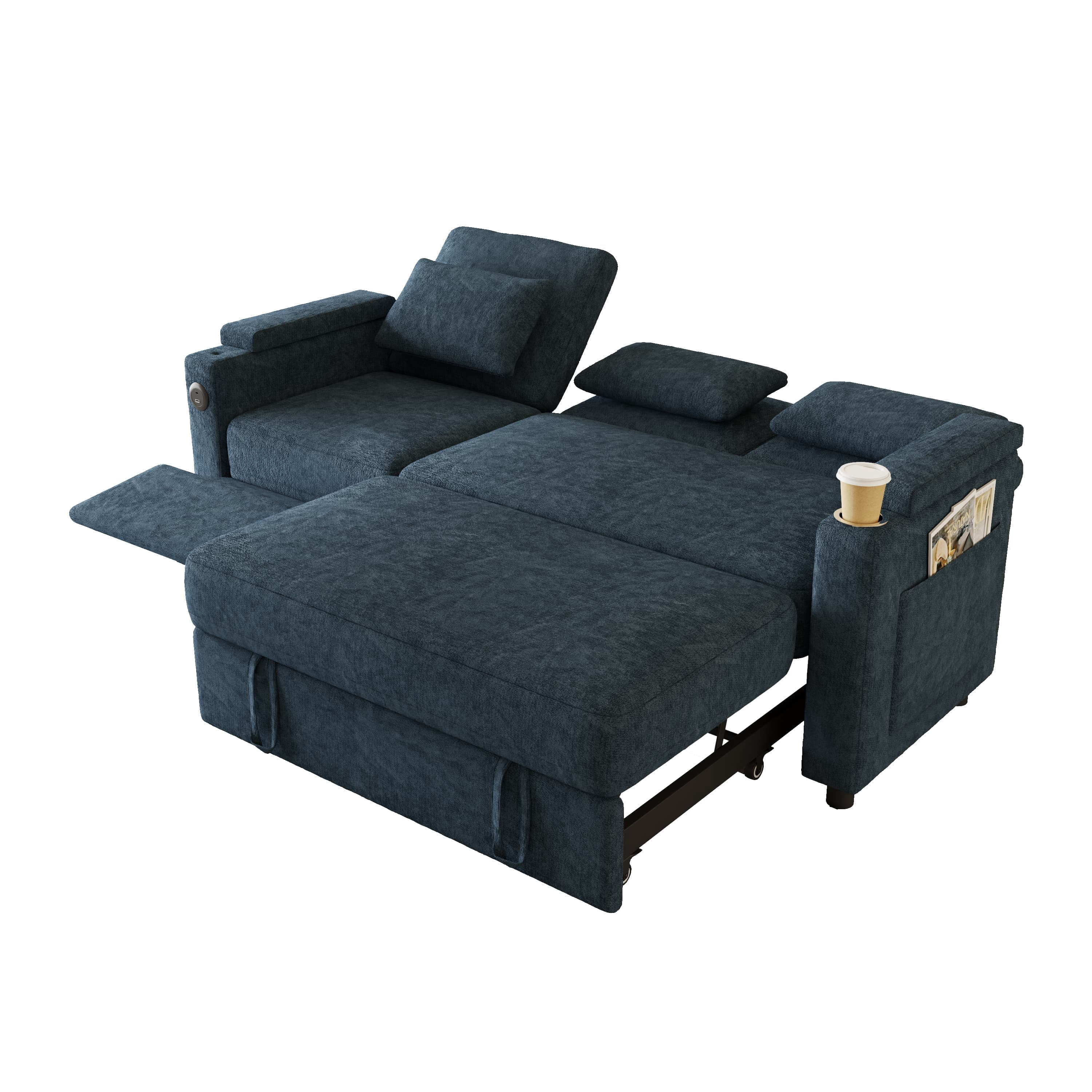 Aukfa 83" Convertible Sofa Bed, Chenille 3-Seater Pull-Out Sleeper Couch with Recliner, USB Port, Swivel Table & Storage Armrests,Blue
