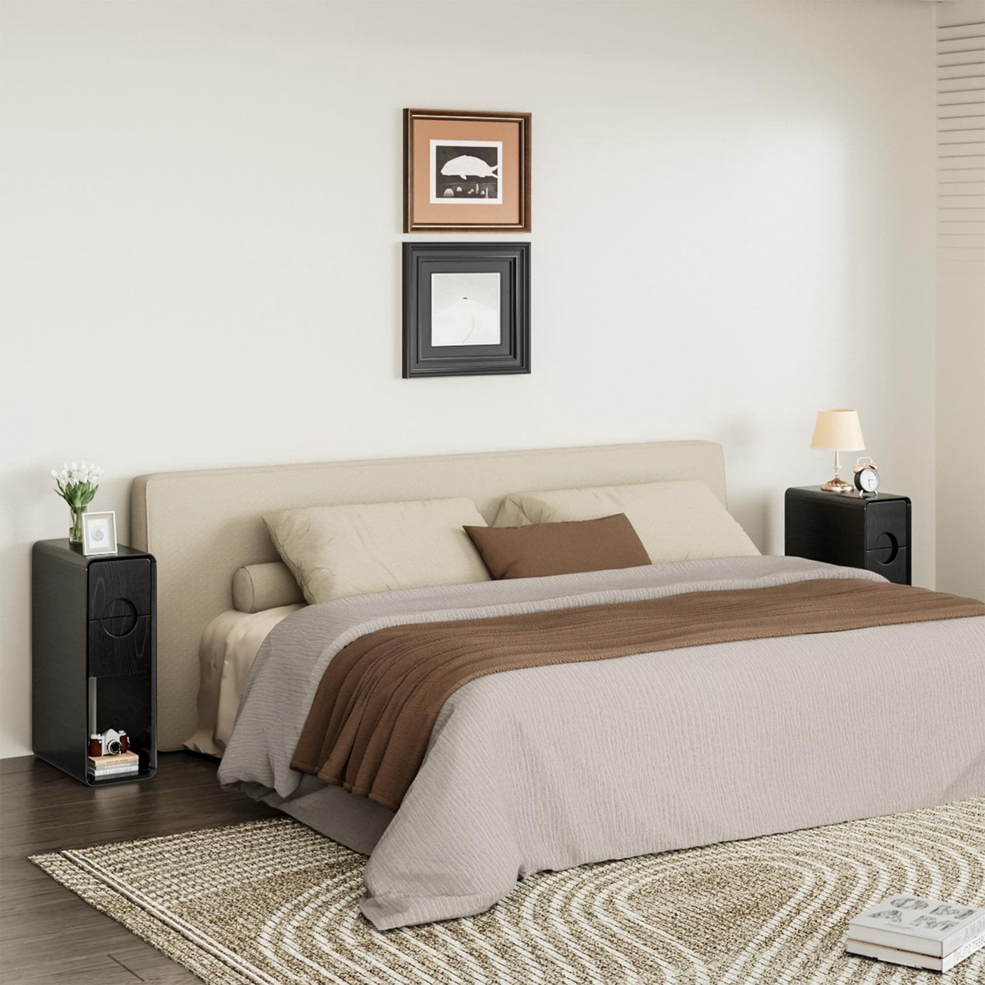 Narrow Nightstand Set of 2, Mid Century Walnut Wood Slim Bedside Table with Round Drawer, Black