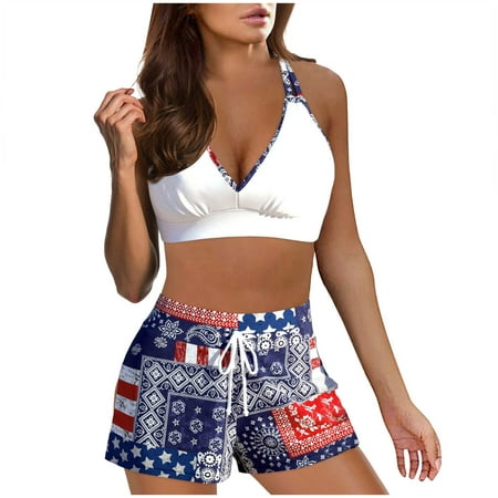 Mnyotv Women Bathing Suit Women Three Piece Tankini Set High Waisted Bikini Sexy Push Up Two Piece Swimsuits Vintage Swimsuit Two Piece Retro Ruched High Waist Print Bikini Set White M