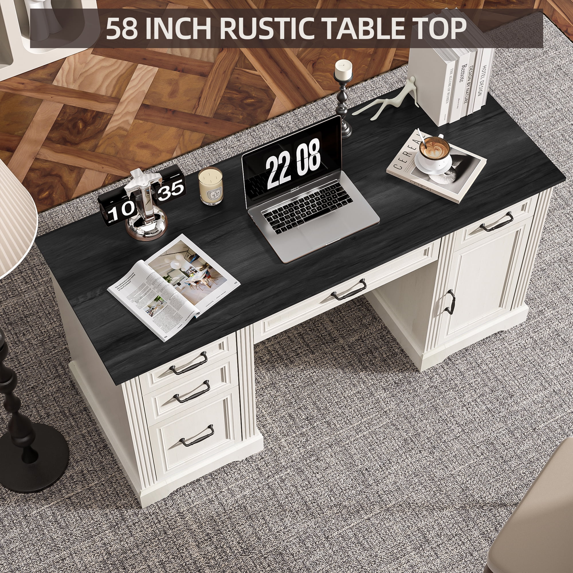 HARIPUL 58-Inch Executive Desk, Farmhouse Computer Desk with Drawers and Storage Cabinet, Wooden Home Office Desk Workstation, Study Writing Table, White & Black