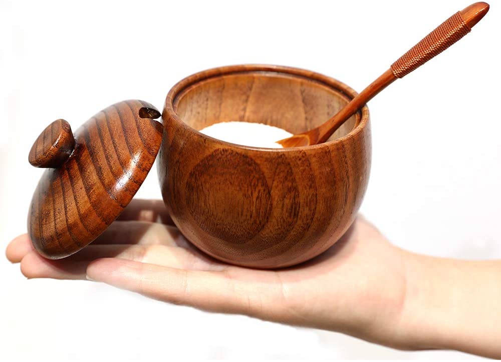 wooden salt bowl with spoon