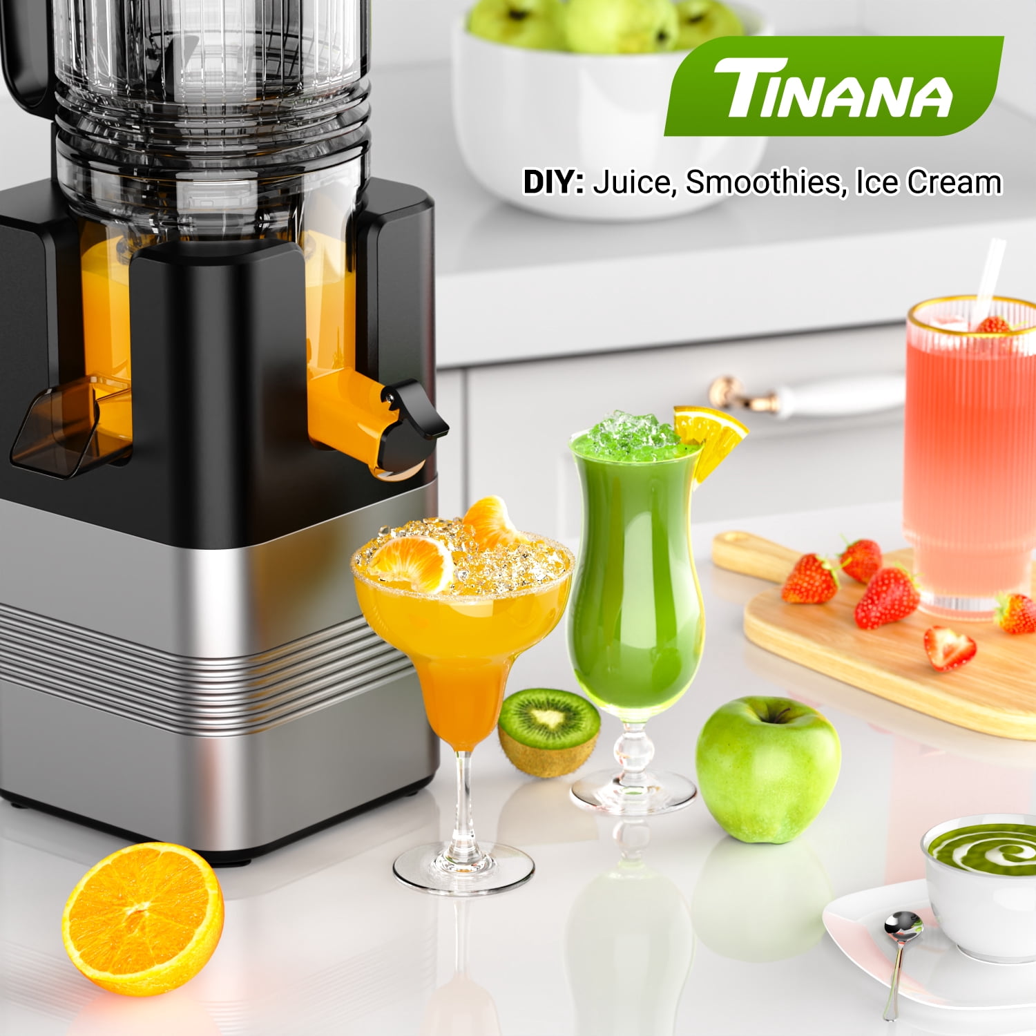 TINANA Cold Press Juicer Machine, 5.4 In Wide Feed Chute, Up to 450W Professional Slow Masticating Juicer for Whole Vegetables & Fruits, Batch Juicing, Reverse Function to Clear Blockages, MP-802T