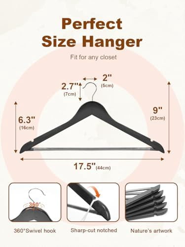 Black Wooden Hangers 20 Pack, Solid Wood Hanger with Non Slip Pant Bar, Heavy Duty Wooden Coat Hanger for Closet, Smooth Finish Wood Clothes Hangers for Shirts, Suits, Jackets, Dress