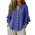 thumbnail image 5 of Feancey Cotton Linen Button Down Shirts for Women Dressy Casual Ruffle 3/4 Sleeve Blouse Summer Loose V Neck Gauze Shirt Elegant Work Tops Sky Blue S, 5 of 10