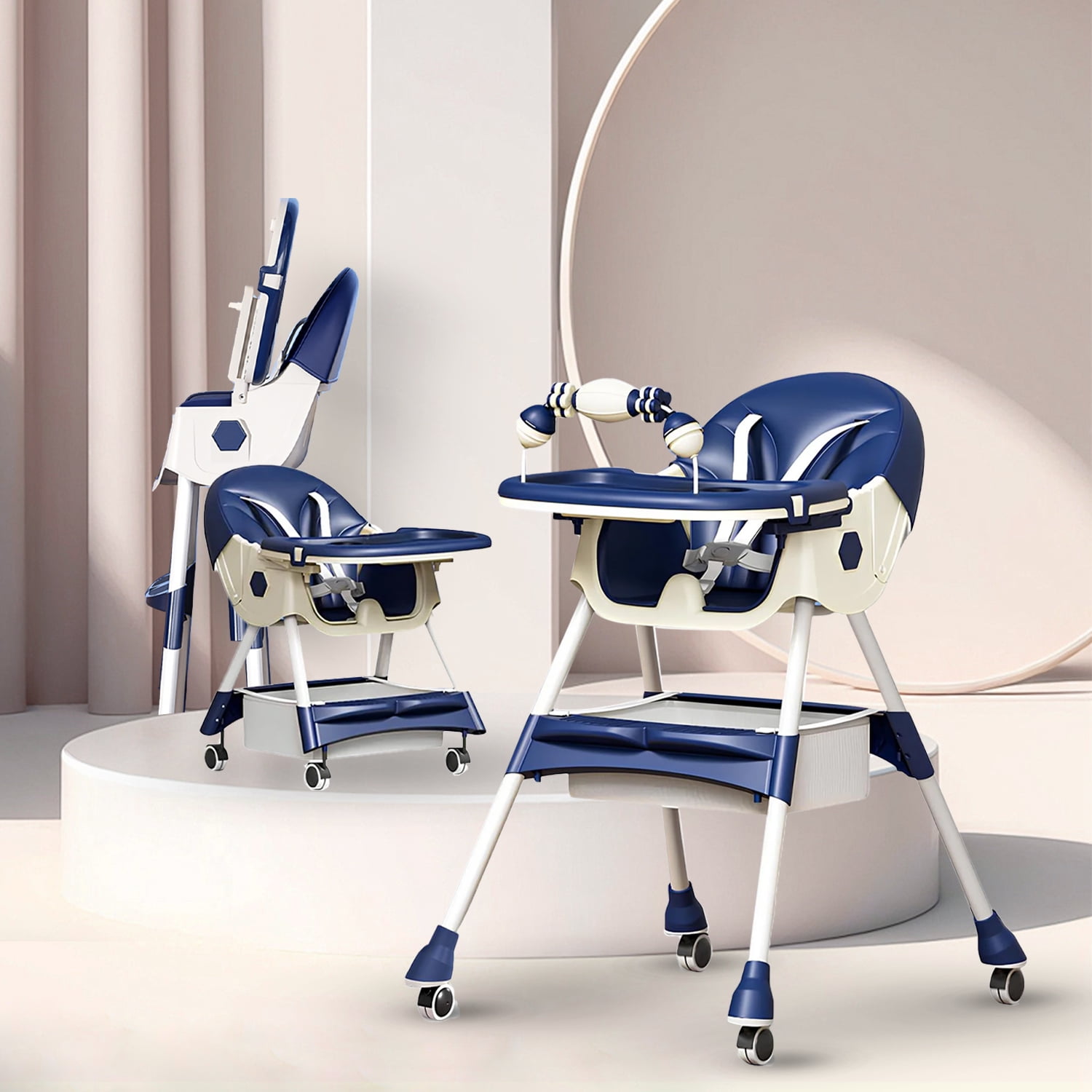 YUCHANG Foldable  4-in-1 Baby High Chair with Wheels for Infants & Toddlers (0-4 Years) Height Adjustable ,with 5-point Safety Belt(Blue)