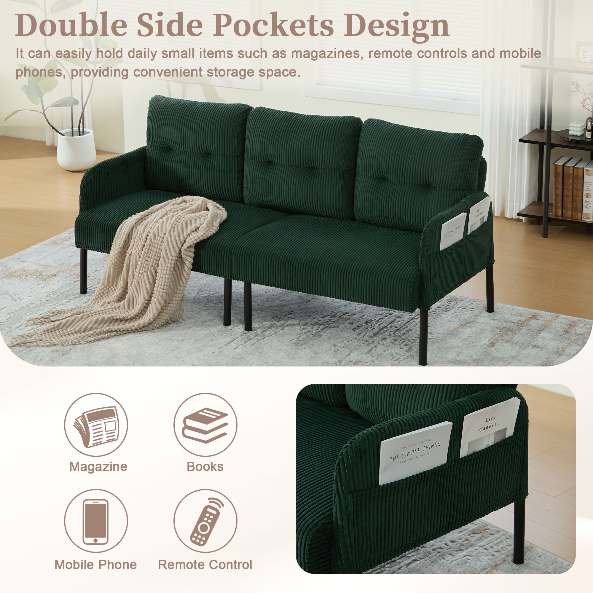S-HOME Modern Plush Corduroy Upholstered Loveseat with Dual Side Pockets and Metal Legs, Sofa for Apartment, Emerald