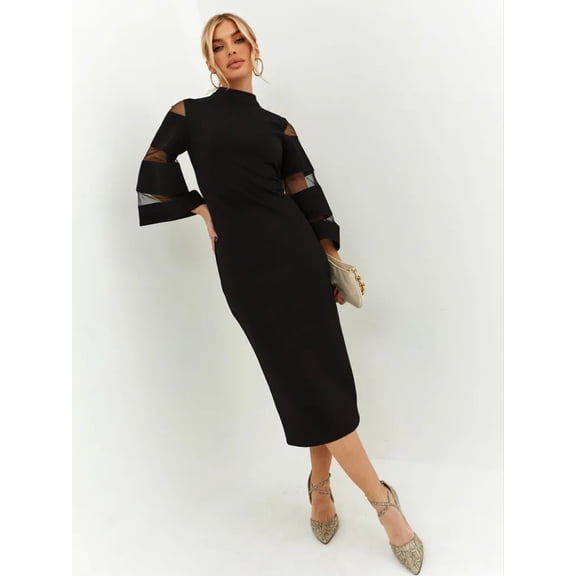 Midi Dress with Sheer Sleeve Details