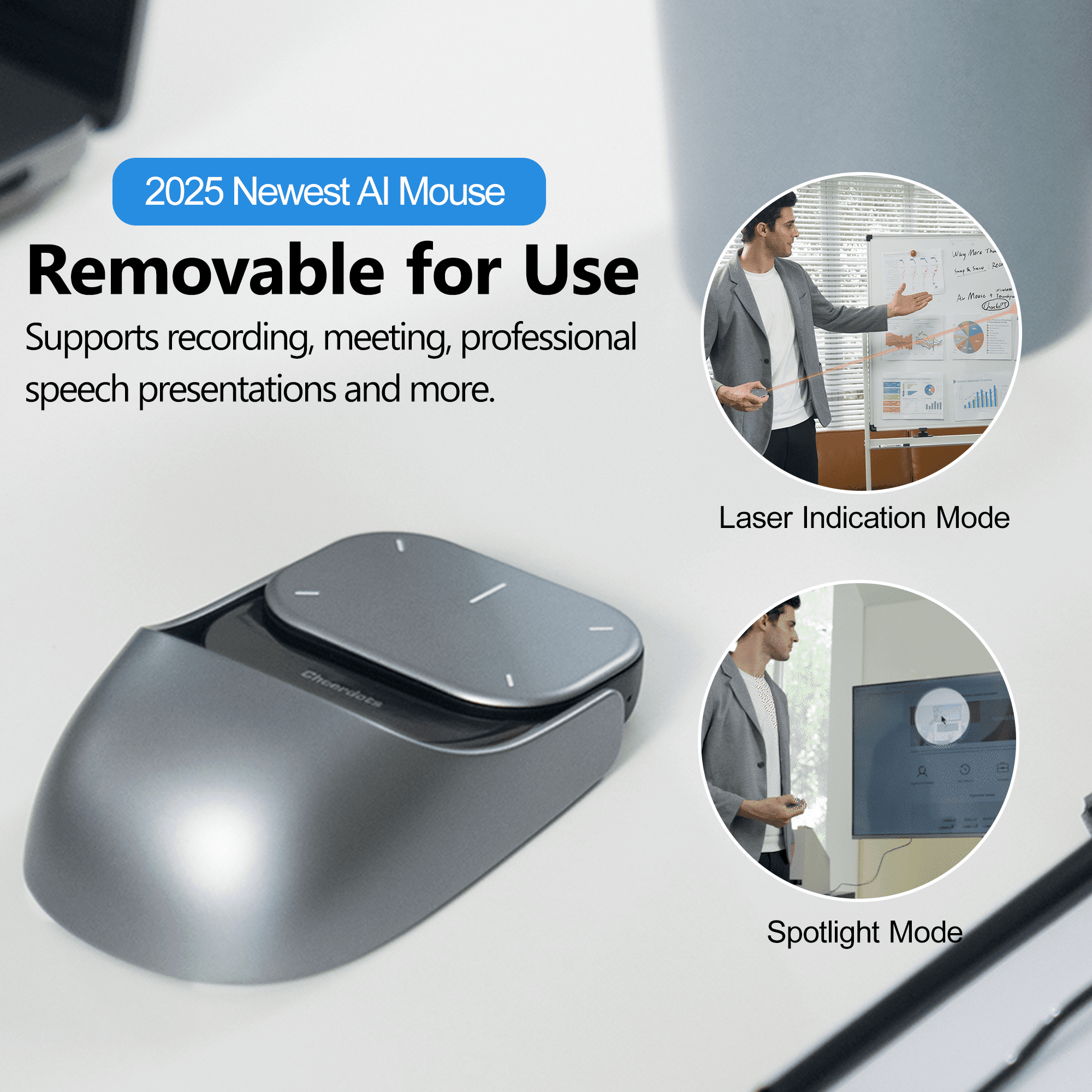 2026 Wireless AI Mouse - Bluetooth GPT Air Mouse with Voice Recording & Summarize by AI, Detachable Presenter Presentation Pointers Remote with Laser, Compatible with PC/Mac/Laptop, Silver