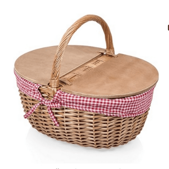 Country Vintage Picnic Basket with Lid - Wicker Picnic Basket for 2, (Red & White Gingham Patt)