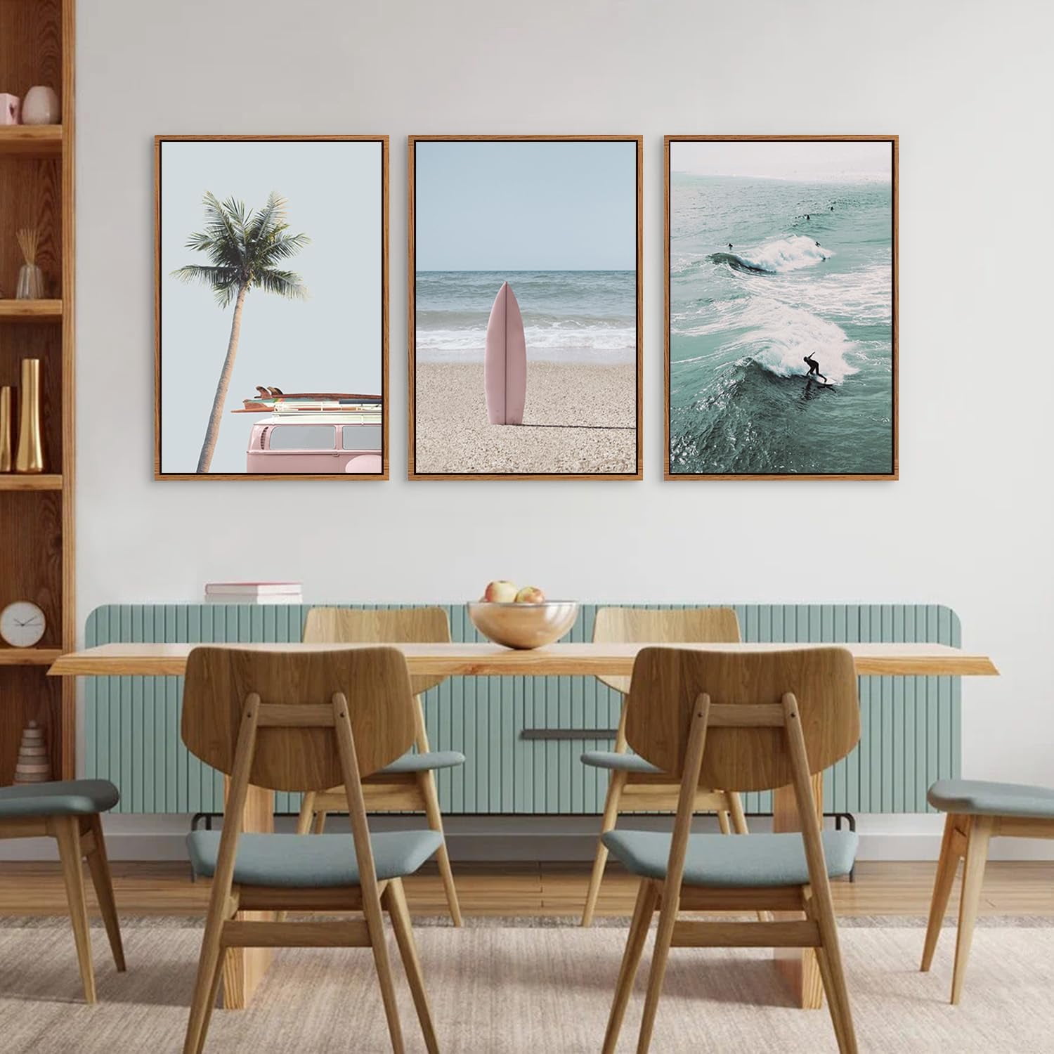 Beach Framed Canvas Wall Art Set, Palm Tree Surfboard Seascape Wall Decor, Ocean Surfing Wall Painting, Coastal Art Print for Living Room, Bedroom, Dining Room, Bathroom - Large Size 16"x24"x3