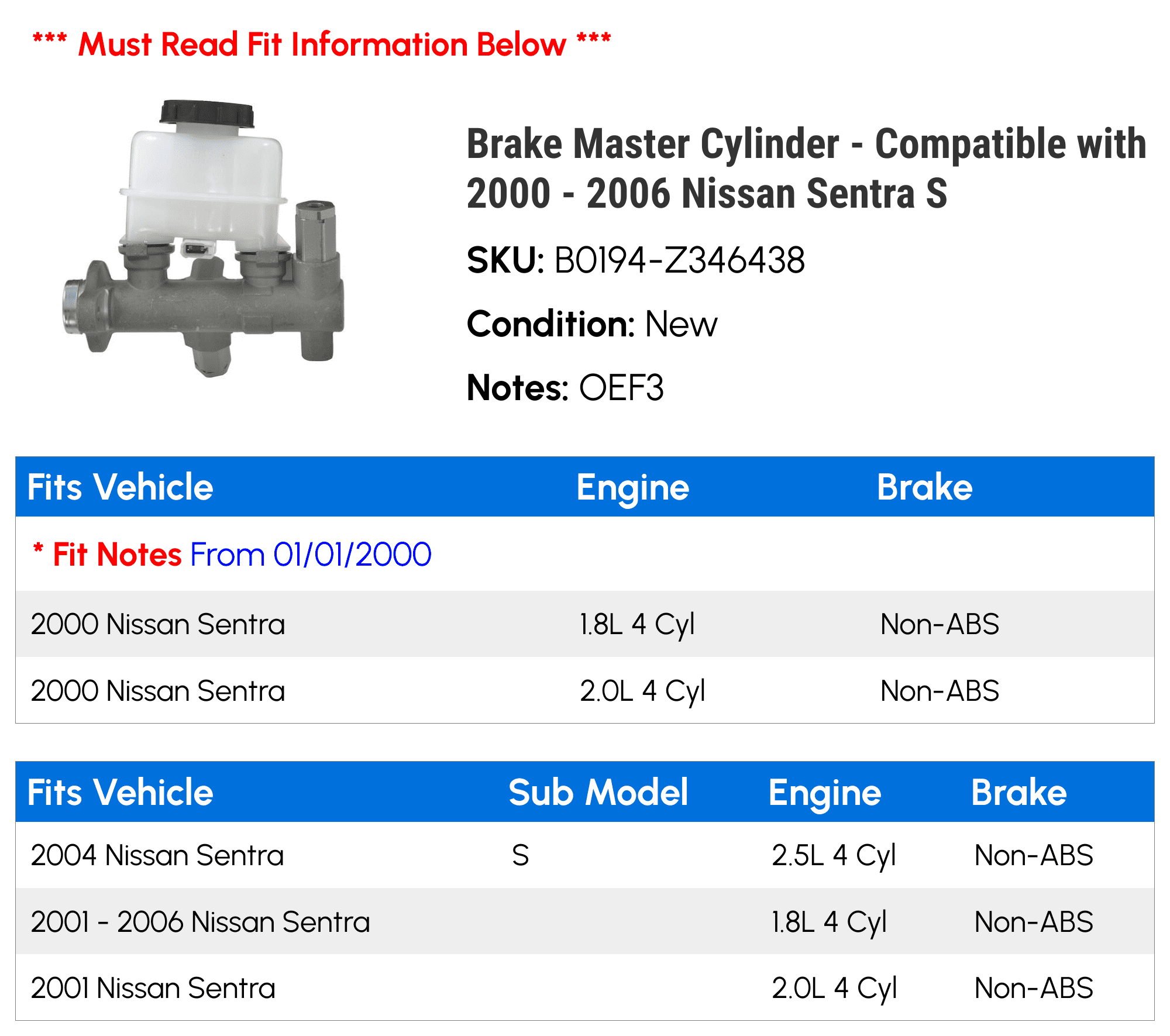 Brake Master Cylinder - Compatible with 2000 - 2006 Nissan Sentra S 2001 2002 2003 2004 2005