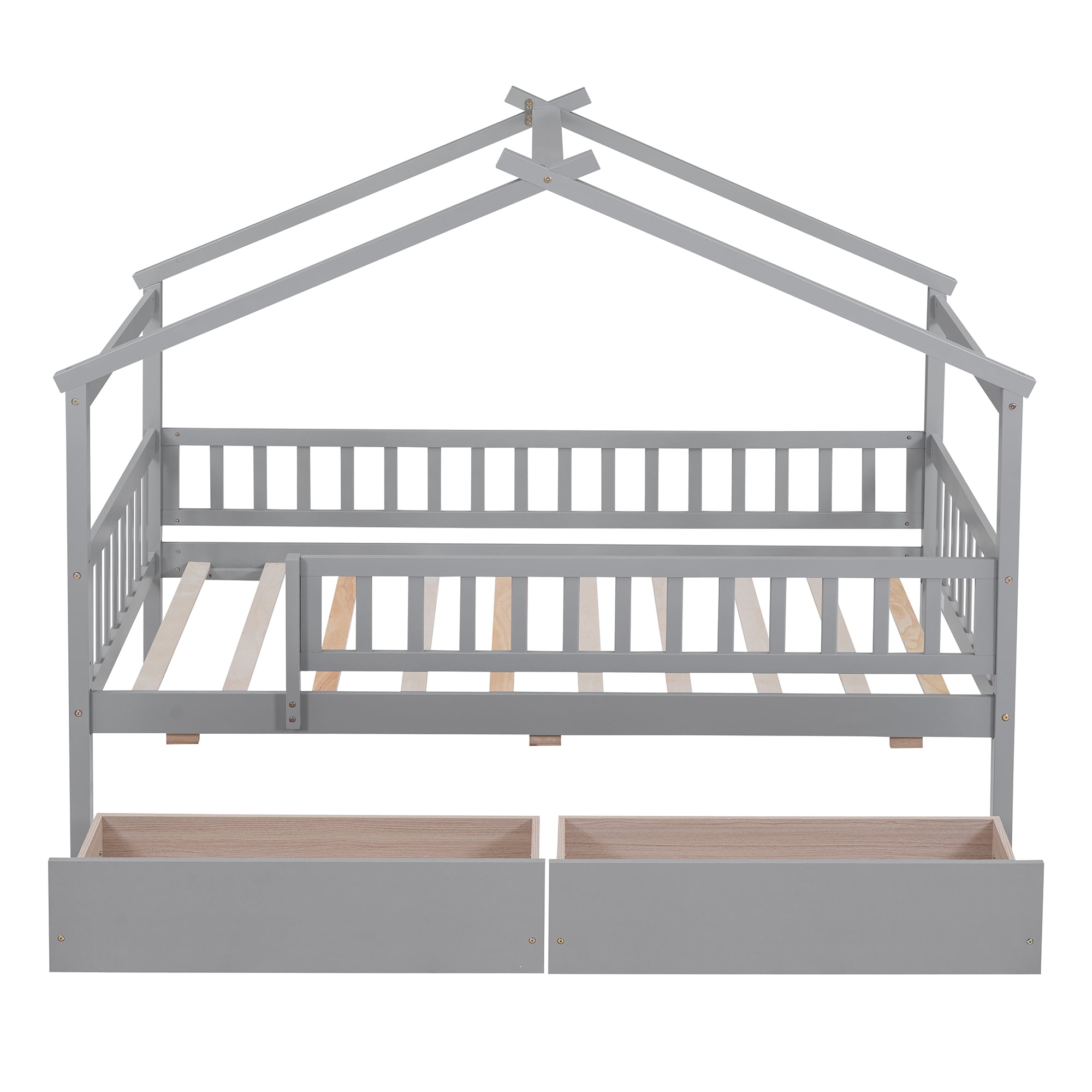 Aukfa Twin Size House Bed with Storage Drawers and Safety Guardrails for Kids, Wooden Montessori Bed Frame for Boys and Girls, Gray