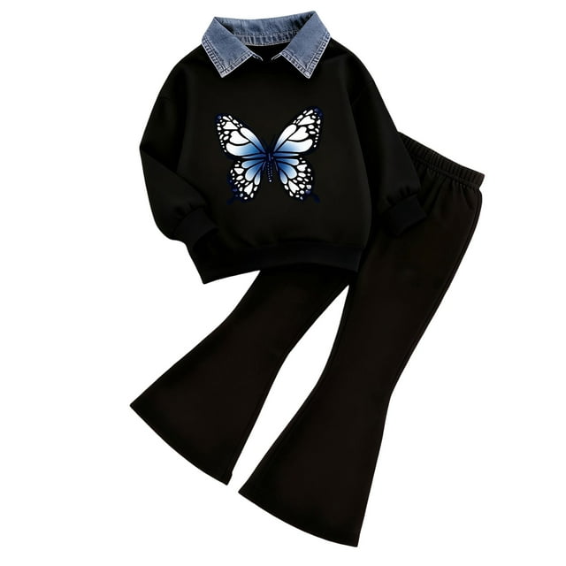 Caqnni Girls Clothes Versatile Two-Piece Ensemble Cozy Cropped Polo long sleeve Sweatshirt and High-Waisted Flare Pants Spring Fall Set(A-A,5-6 Years)