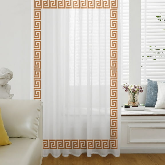 Orange Geometric Semi Sheer Curtains Drapes for Living Room, Bedroom, French Doors Window 108 Inches Long, Modern Key Greek Design Abstract Art Rod Pocket Chiffon Curtain Drapery Voile Drape Panel