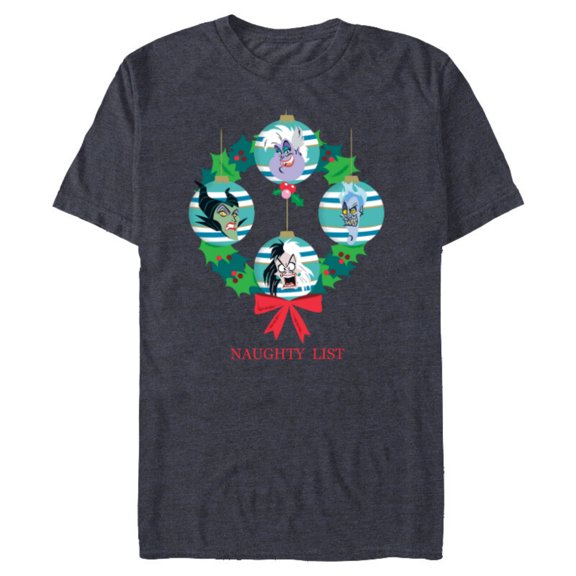 Disney Villains Holiday Christmas Wreath Naughty List - Short Sleeve Blended T-Shirt for Adults - Customized-Navy Heather