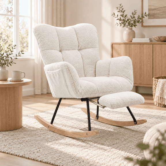 White Rocking Chair with Extendable Footrest, Ergonomic High Back Reading Chairs for Adults & Seniors, Wooden Indoor Rocker Armchair with Side Pocket for Living Room, Home Sofa Furniture