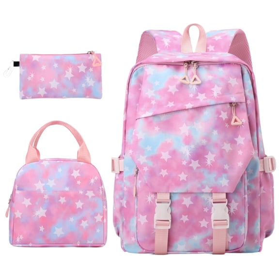 Star Printed Backpack With Lunch Pack Pencil Case 3pcs Sets For Elementary Students Teens