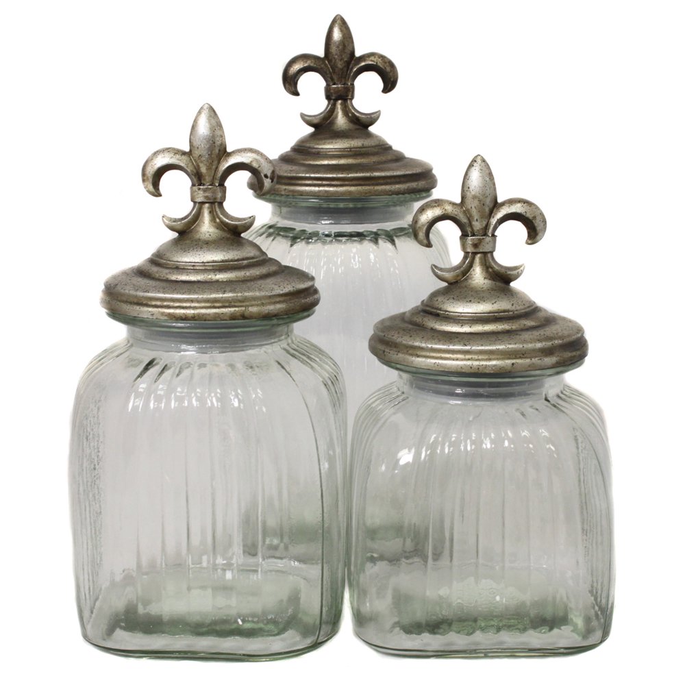 Fleur De Lis 3Piece Glass Canister SetFinishSilver Finish,Material