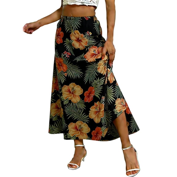 Floral Maxi Skirt for Women Fashion Casual High Waist Stretchy Printed A-Line Flowy Vcation Summer Beach Skirt Multicolor