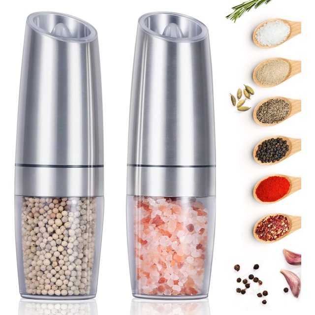Juego de molinillo de sal y pimienta por gravedad, grosor ajustable, molinillo de pimienta automático con una mano para cocina y barbacoa, paquete de 2, plateado