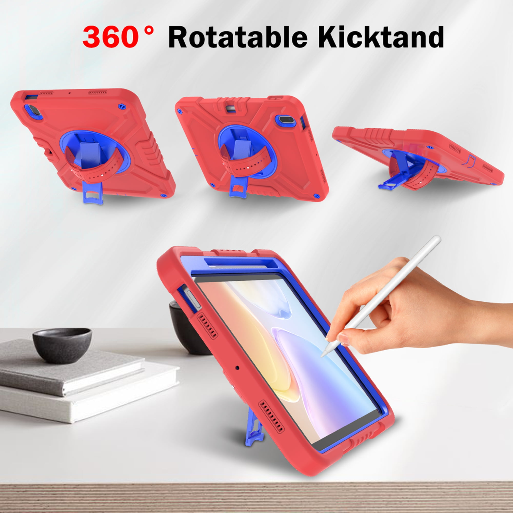 Dteck Kids Case for iPad 10th Generation Case 2022, Military Grade Shockproof Rugged Cover for iPad 10th Gen 10.9 Inch with 360° Swivel Stand - Handle - Shoulder Strap - Pencil Holder,Red Blue