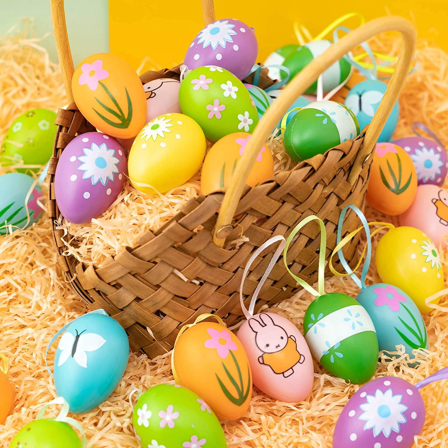 HeaCare Easter Hanging Eggs, 48Pcs Multicolored Plastic Easter Egg Hanging Tree Ornament, Decorative Hand Painted Eggs DIY Crafts with Various Style Stripes Dots Flowers