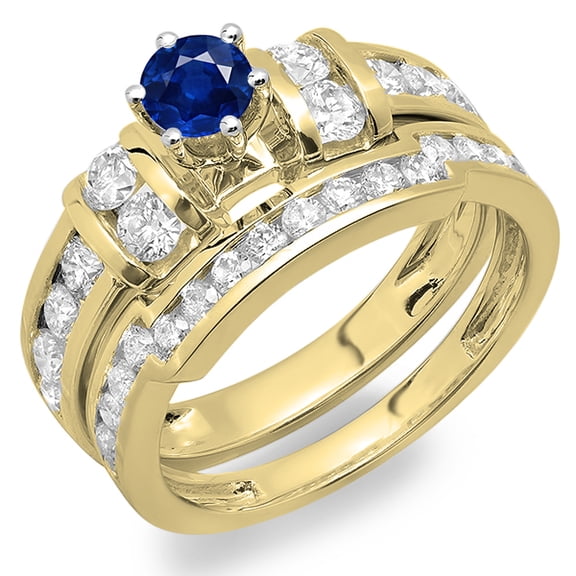 Dazzlingrock Collection 14K Blue Sapphire & White Diamond Ladies Bridal Engagement Ring Wedding Band Set, Yellow Gold, Size 8.5