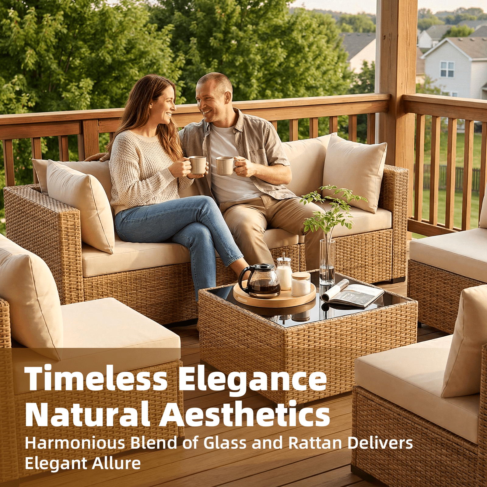 ELPOSUN 7-Piece Patio Furniture Set, Outdoor Conversation Set, All-Weather Wicker Outdoor Sectional Sofa Set with Table & Cushions, Beige