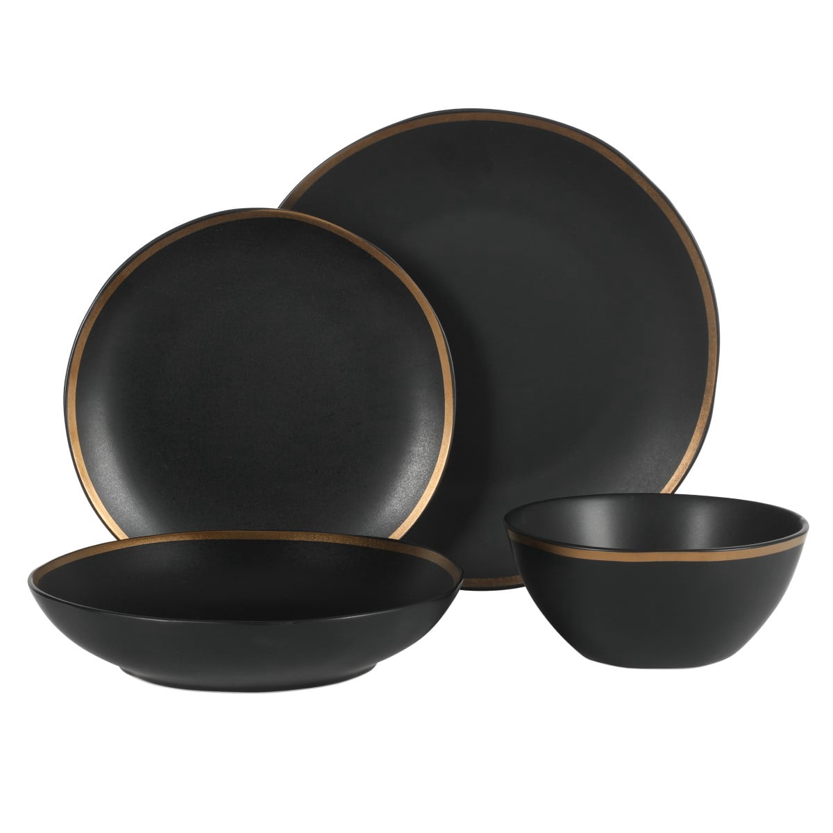 Gibson Elite Kings Road Double Plates and Bowl Organic Round Porcelain Dinnerware Set - Matte Black w/ Gold Rim