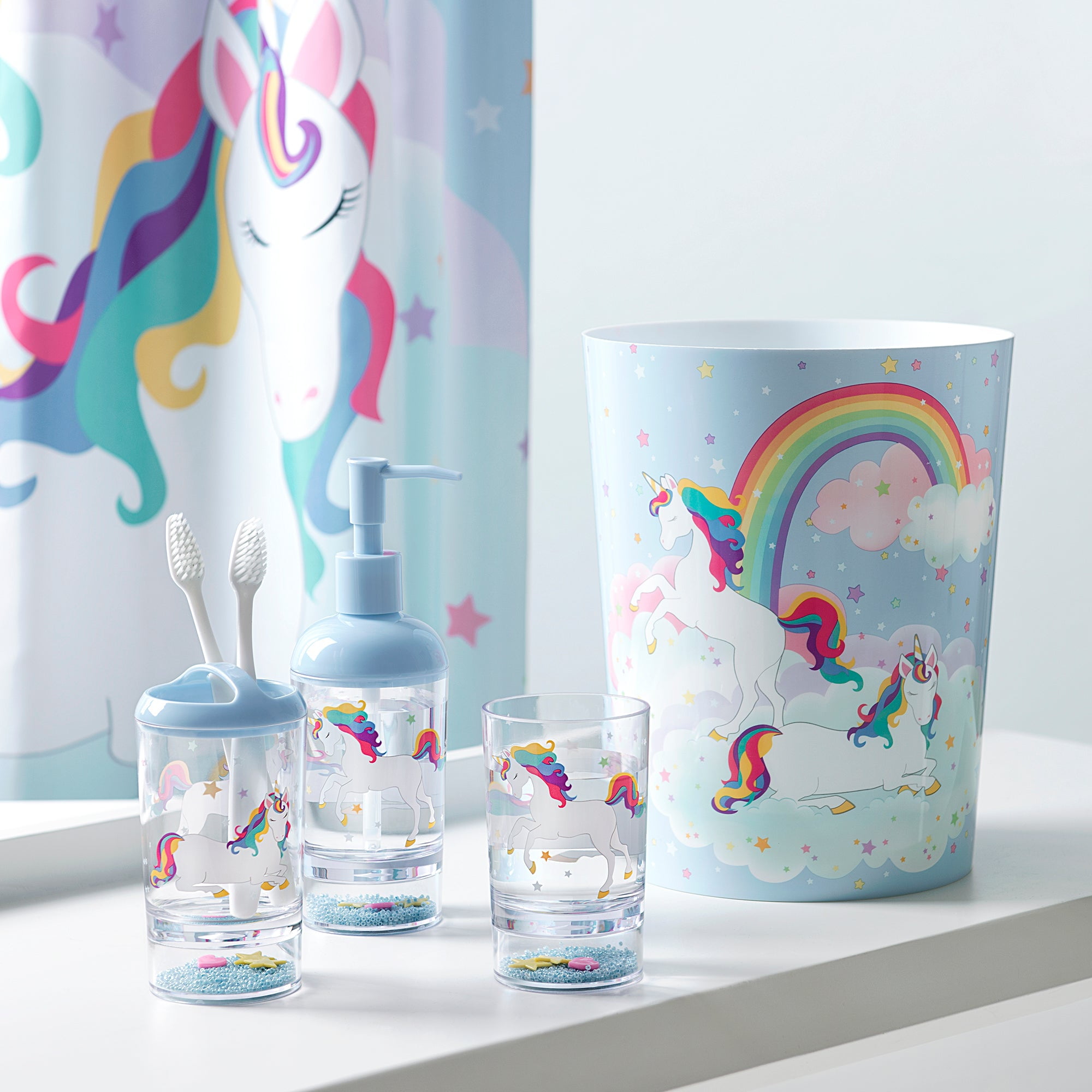 Unicorn & Rainbow 4Piece Plastic Bathroom Accessory Set