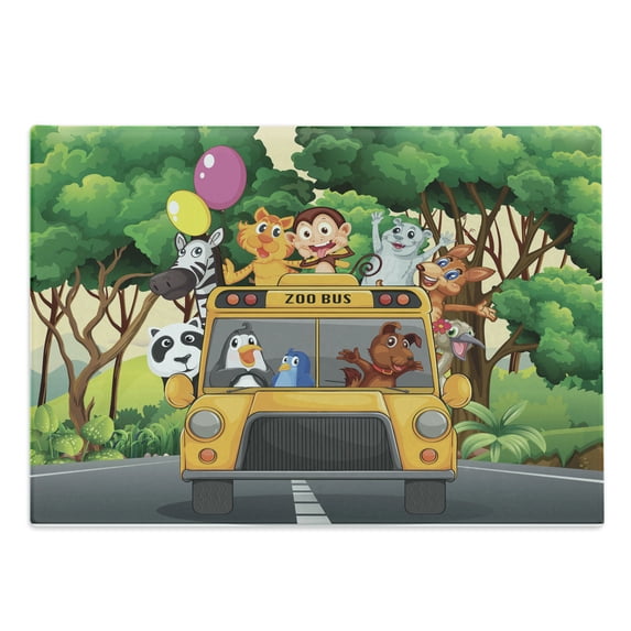 Zoo Cutting Board, Animals Balloons Riding on a Bus Travel Road Journey in Wilderness Scenery Print, Decorative Tempered Glass Cutting and Serving Board, Large Size, Multicolor, by Ambesonne