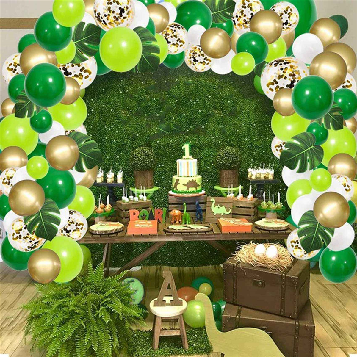 268Pcs Jungle Balloon Arch Green Balloon Decoration, with Artificial Tropical Palm Leaves for Birthday