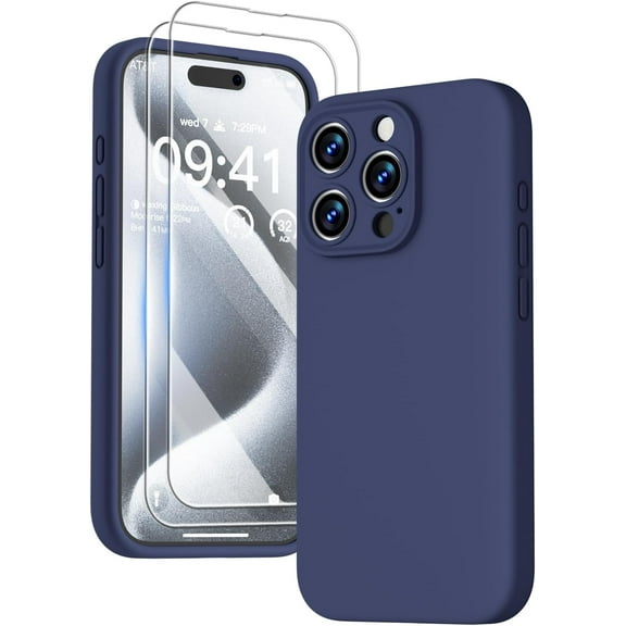 Compatible with iPhone 15 Pro Case, Silicone Upgraded [Enhanced Camera Protection] Phone Case with [2 Screen Protectors], Soft Anti-Scratch Microfiber Lining Inside, 6.1 inch, Navy Blue