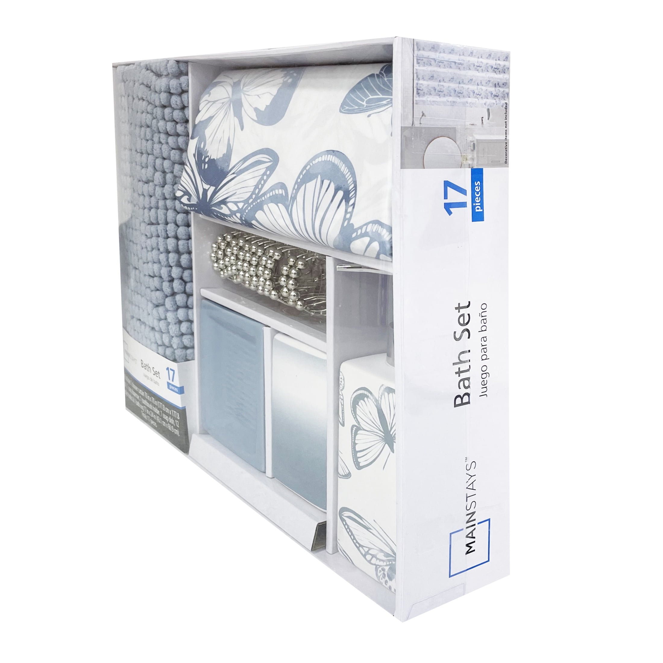 Mainstays 17-Piece Butterfly Polyester/Ceramic Shower Curtain & Bathroom Accessory Set, Blue & White