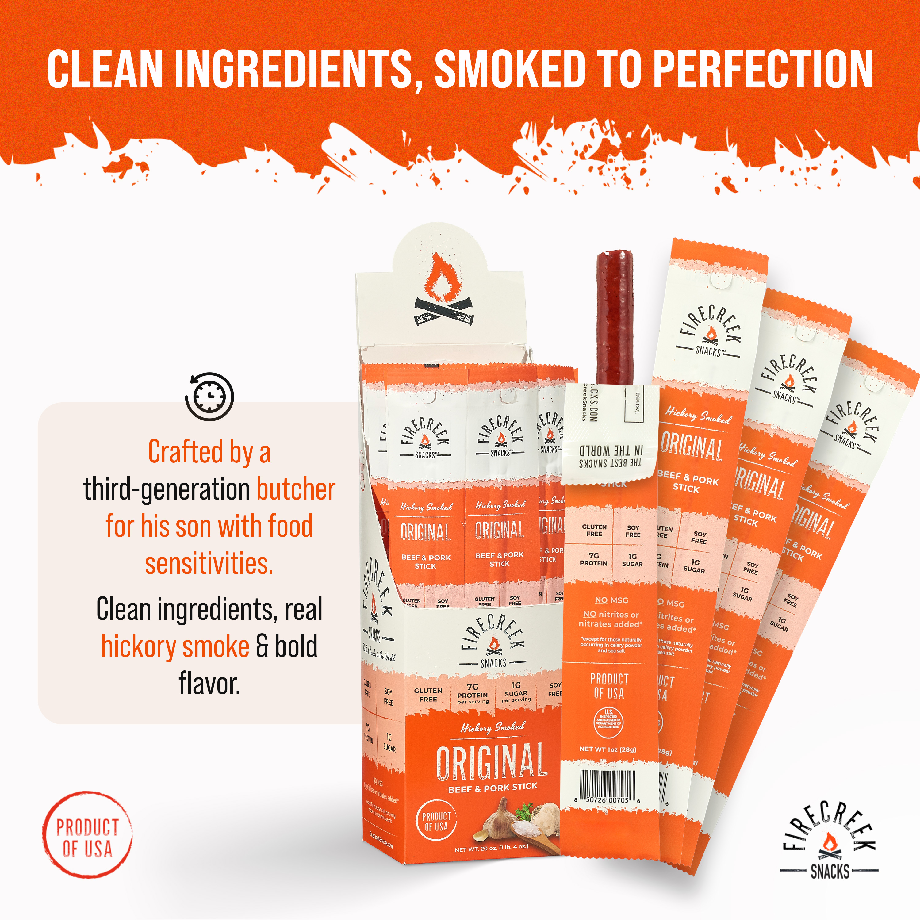 FireCreek Snacks Original Smoked Beef and Pork Meat Sticks, Gluten Free, High Protein Snack (Box of 20 - 1oz Ea)