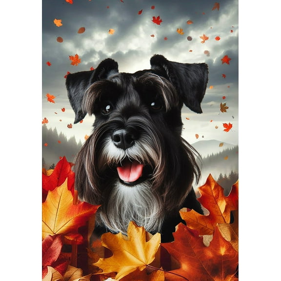 Schnauzer Black Uncropped - Best of Breed Fall Leaves Outdoor House Flag 28" x 40" Mailbox Flag Dog Flag