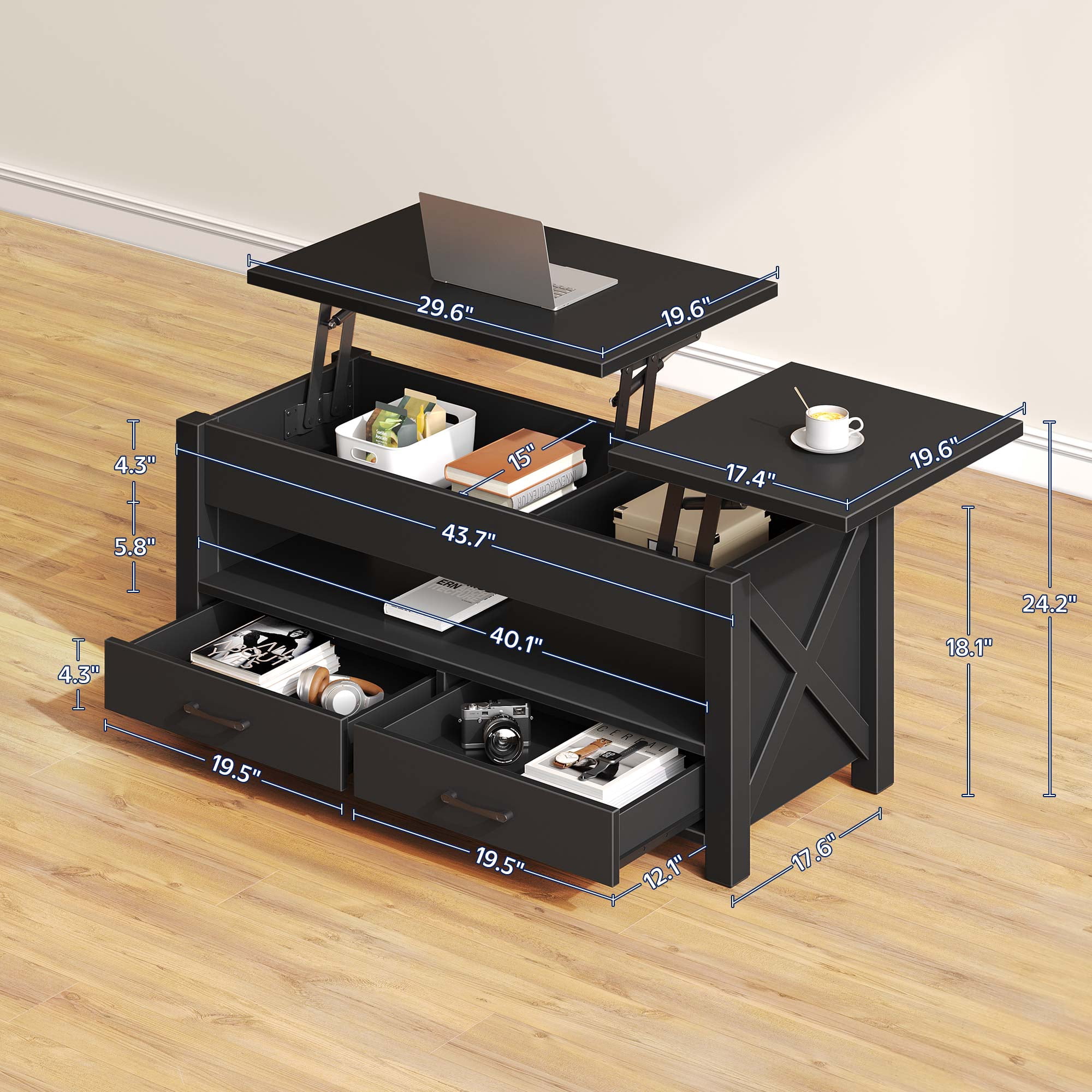 Greenstell Lift-Top Storage Coffee Table - Modern Style with 2 Drawers, Hidden Compartment & Wooden Lift Tabletop - Black - 44"