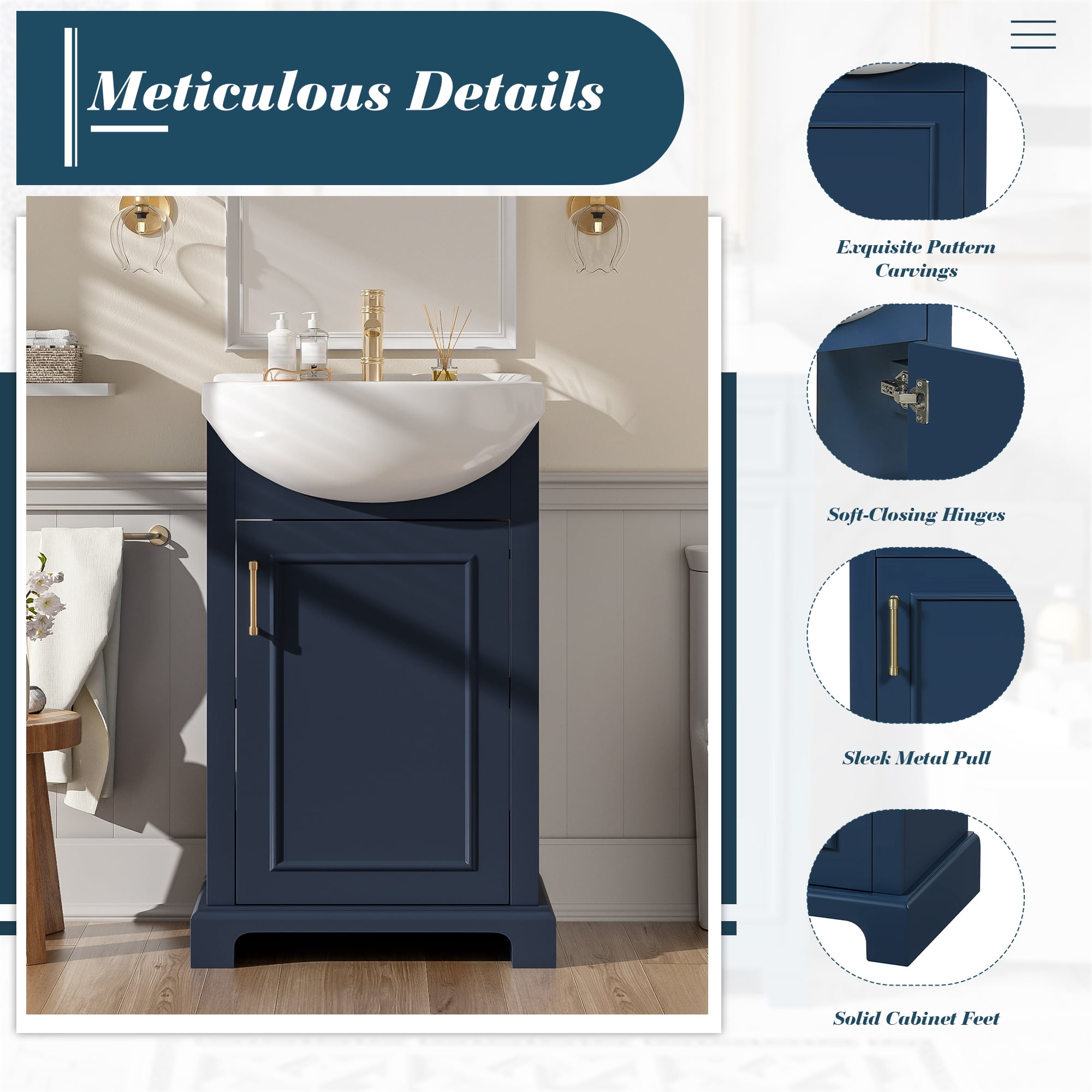 20-inch Bathroom Vanity with Ceramic Sink, Freestanding Single Vanity Set with Soft Closing Door, Bulged Ceramic Basin, French Style, Blue