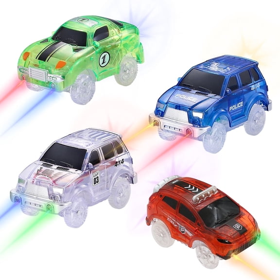 Tracks Cars Only Replacement, Flex Track Race cars for Magic Tracks Glow in the Dark, LED Lights Up Battery Operated Snap N Glow Trax cars Accessories, Compatible with Most Car Tracks (4pack