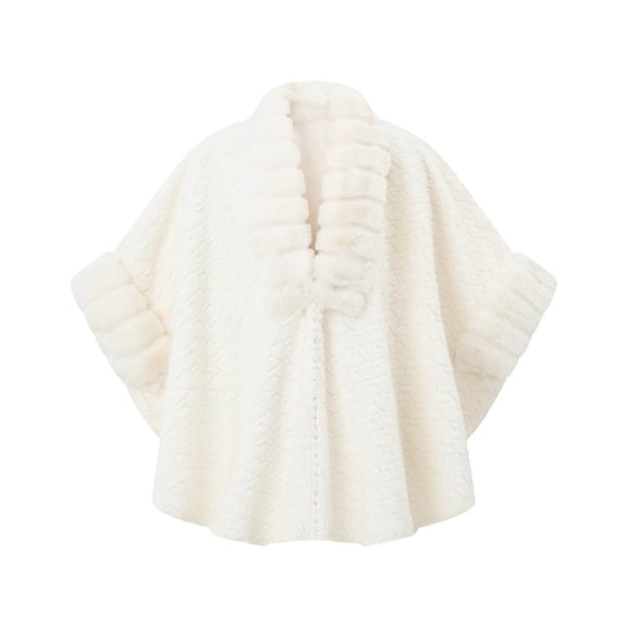 UTSJKR Women Embossed Faux Fur Trim Poncho Cape Open Front Loose Fit Shawl Wrap Coat for Party and Daily Dressing White