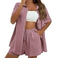 thumbnail image 3 of Shadoumai Womens Cotton Linen Set 2 Piece Casual Tracksuits Outfits Button Down Shirt Shorts Summer Lounge Beach Vacation Clothes, 3 of 9