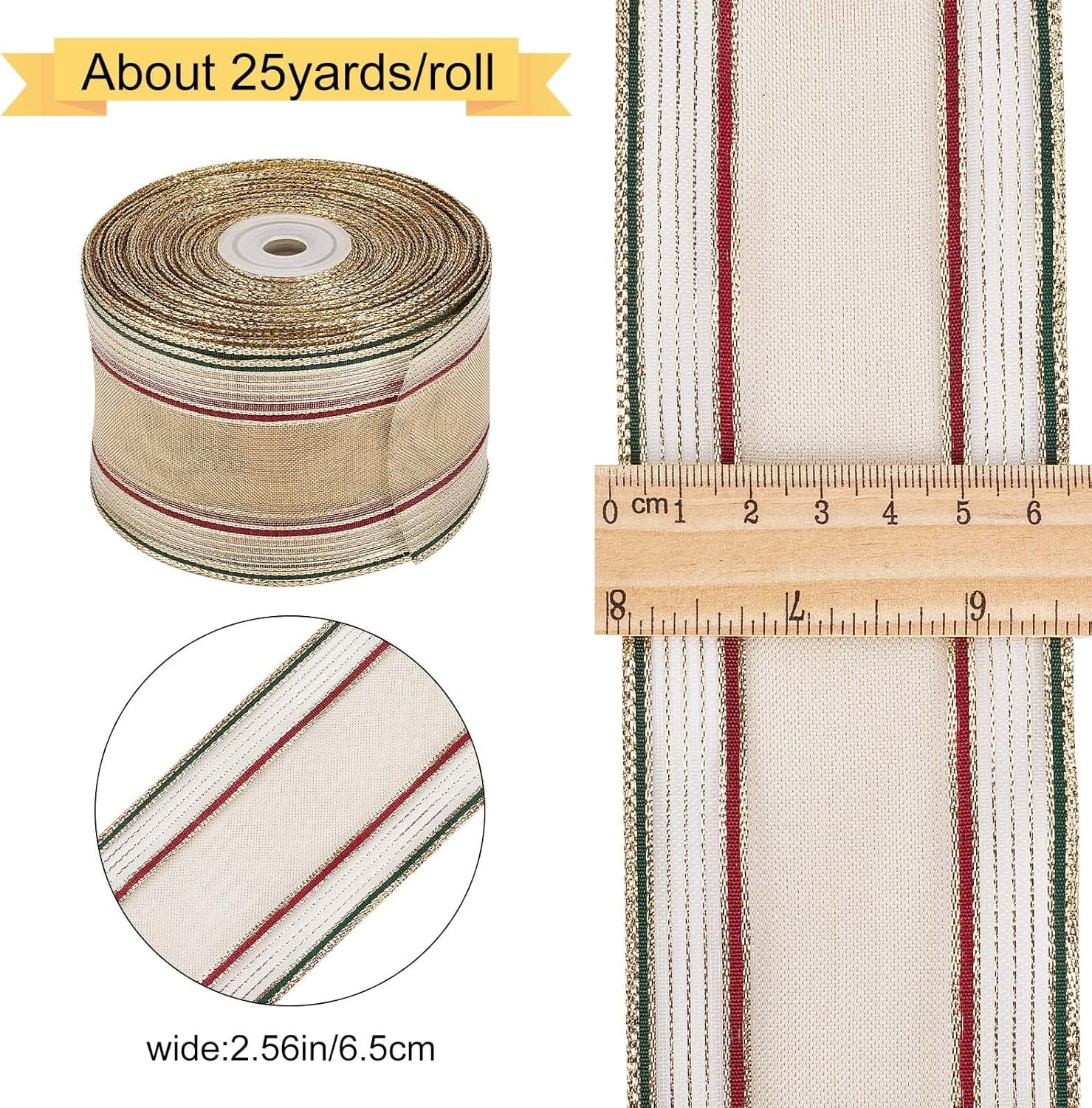 25Yds x 2-1/2 Striped Ribbons Metallic Gold Stripe Wire Edge Ribbon Christmas Overlock Fabric Wired Ribbon Cuff Red Green Gold Gauze Band Crafts Roll for Sewing Gift Wrapping DIY Wreath