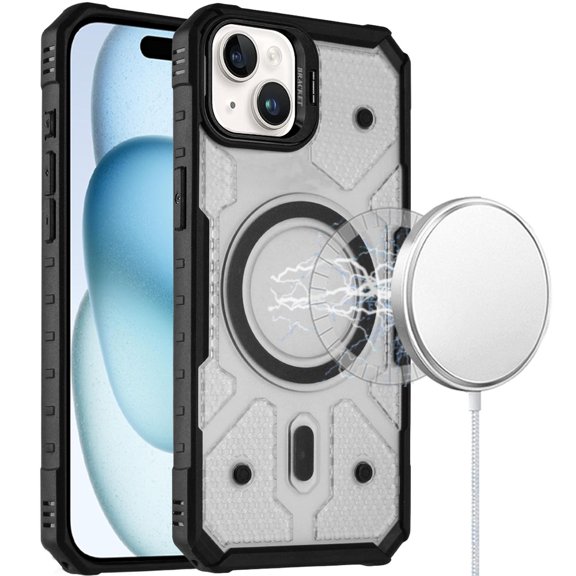 XPM for Apple iPhone 14 /13 Phone Case, Transparent Tough Dotted Magnetic Case with Camera Stand & Hybrid Grip Shockproof Cover for iPhone 14 / iPhone 13 (Black)