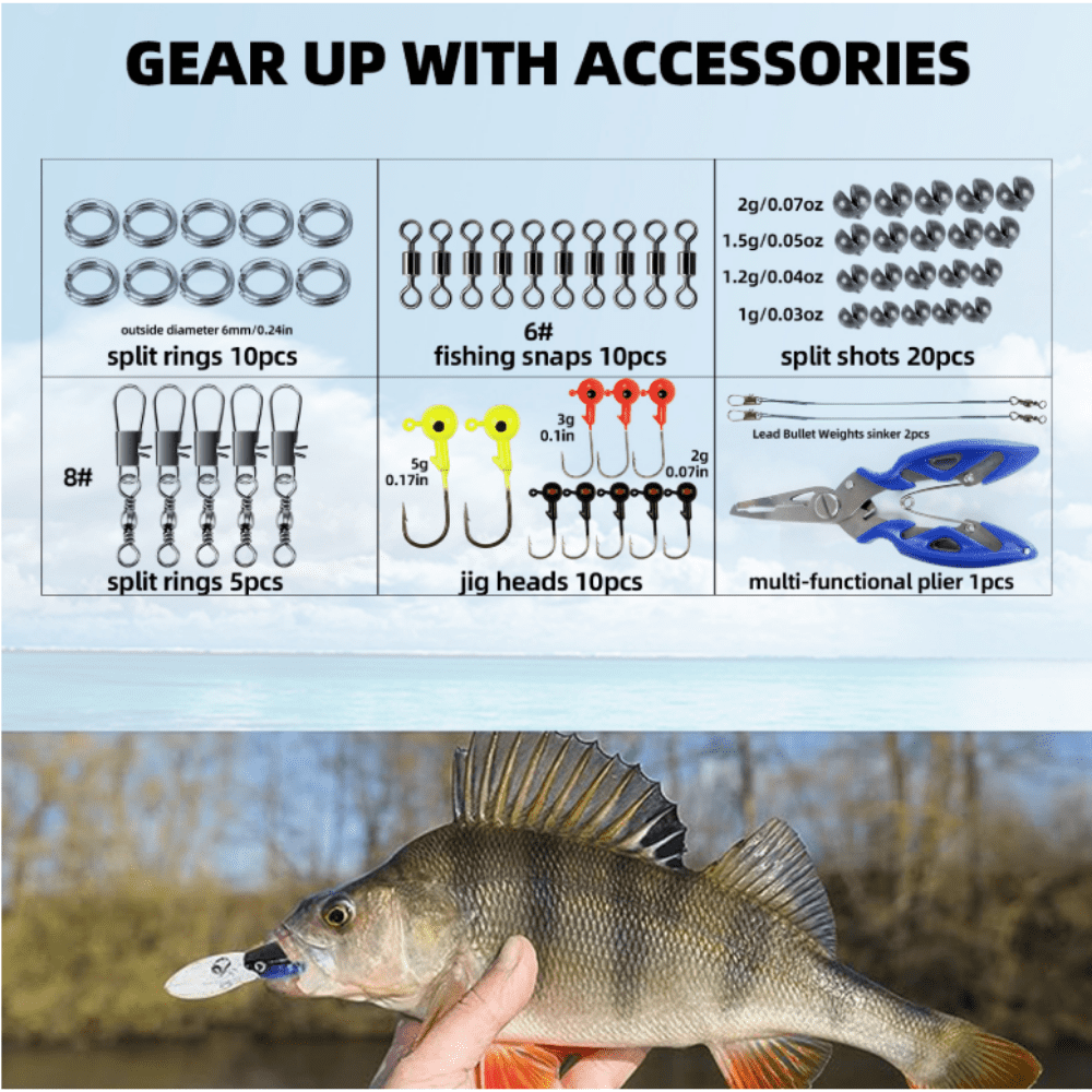 Salange 94pcs Fishing Lure Tackle Kit,Includes VIBs, Frogs, Minnows, Soft Baits, Hooks & Weights ,Freshwater Lure Set for Bass, Walleye, Trout Complete Tackle Box with Accessories