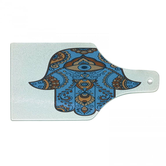 Hamsa Cutting Board, Sign of Protection with Curly Paisley Pattern Ornament All Seeing Eye, Decorative Tempered Glass Cutting and Serving Board, Wine Bottle Shape, Blue Brown Vermilion, by Ambesonne