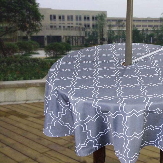 Spring/Summer Wrinkle-Free Waterproof Outdoor Tablecloth with Umbrella Hole and Zipper (Grey, 60" Round-Zippered)