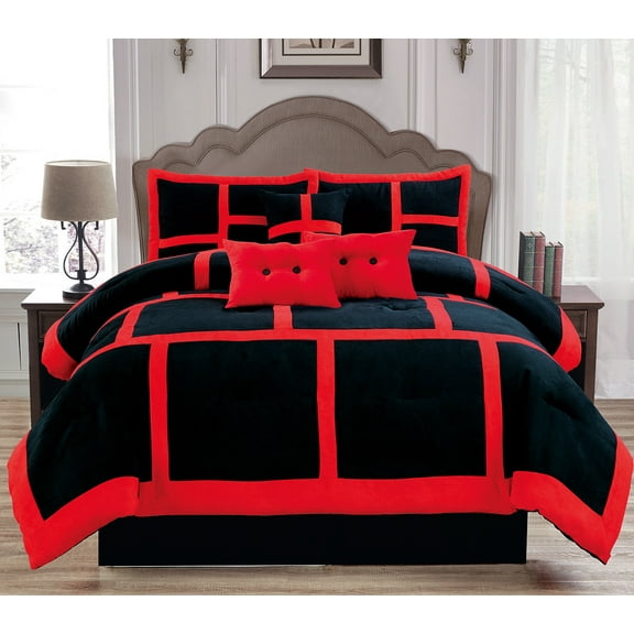 Soft Suede Black & Red Dawn 7 Piece Comforter Set - King Size