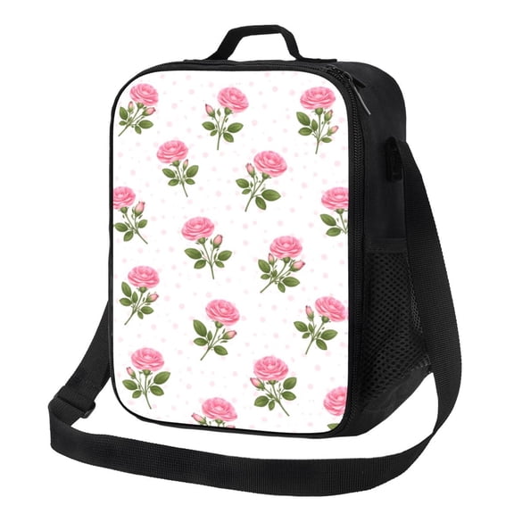 Pink Rose Floral Lunch Bag Insulated Thermal Box with Shoulder Strap & Handle for Work and Picnic